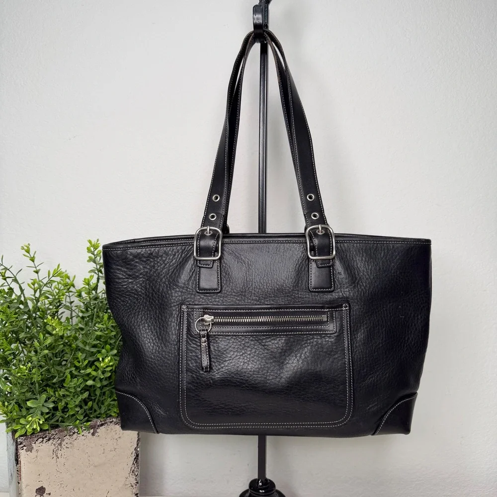 Authentic Coach Hampton Tote Black Pebbled Leather Buckle Strap Classic Y2K 4465